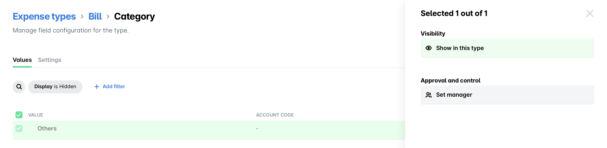Configuration settings for expense types, highlighting visibility and approval options.