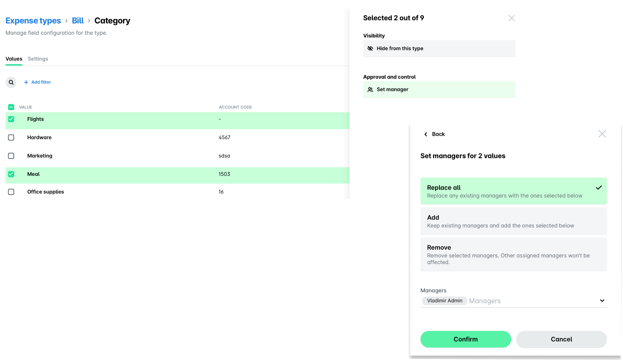 Expense types management interface showing selected categories and manager settings options.