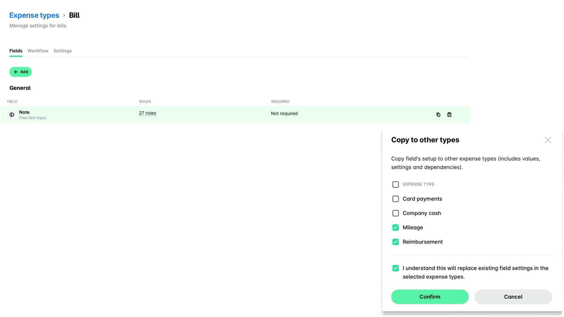 Settings for expense types, including options for mileage and reimbursement fields.