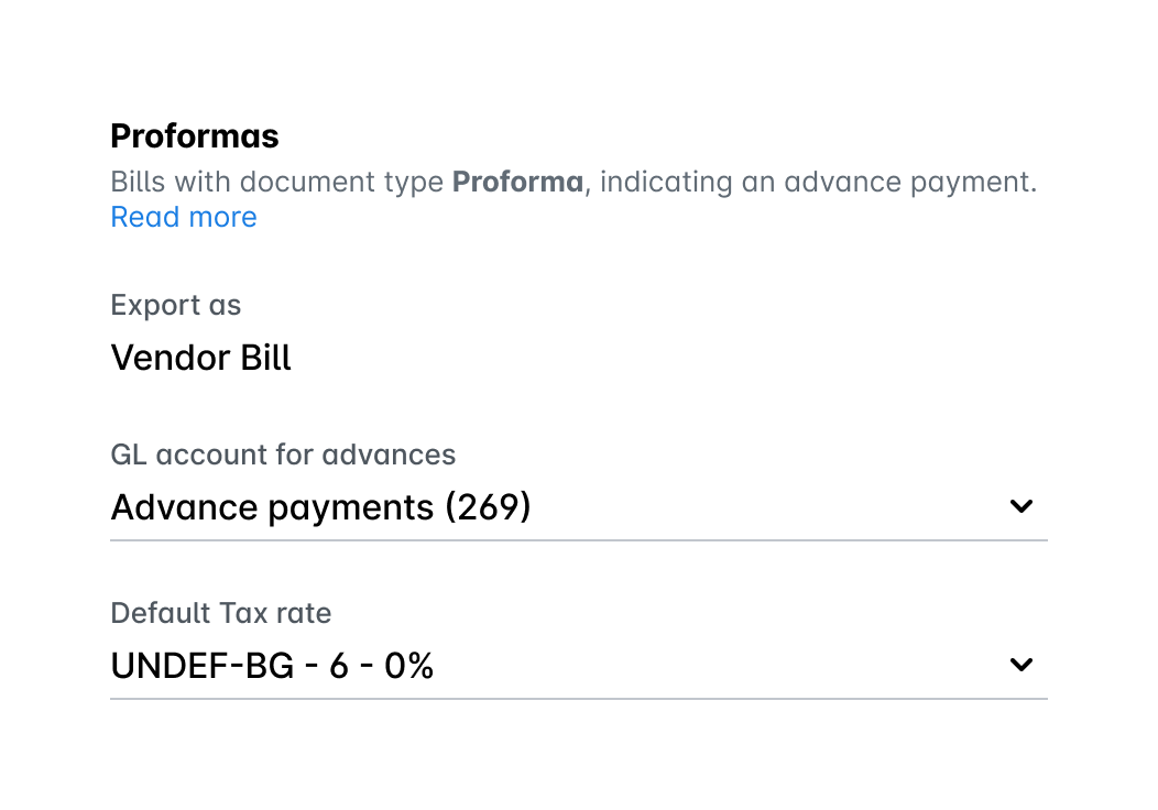 Proforma bills indicating advance payments, vendor bill export, and tax rate details.