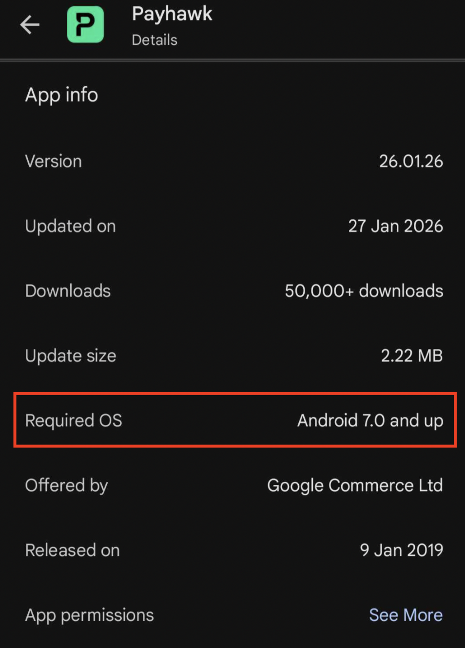 Payhawk app details showing version, downloads, and required Android OS information.