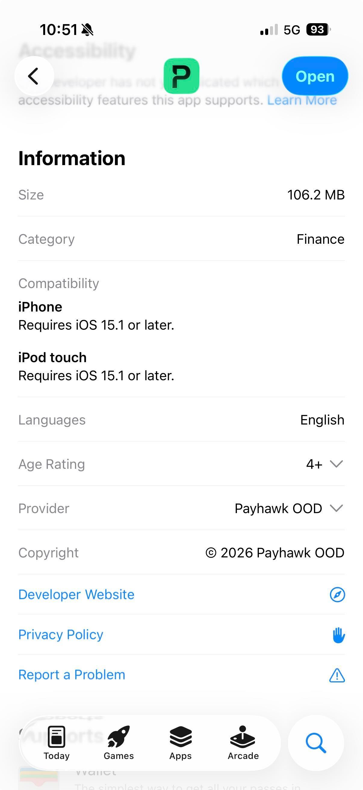App information screen displaying size, compatibility, and provider details for Payhawk.