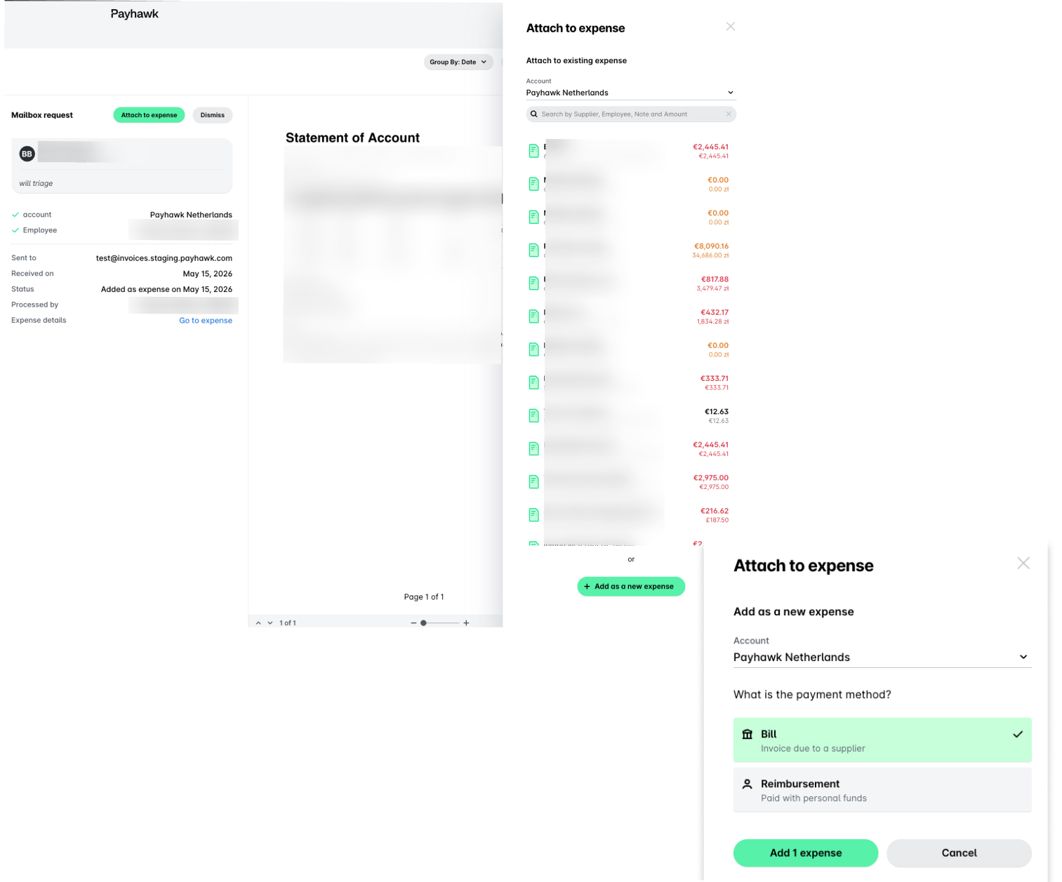 Expense management interface showing account details and options to attach expenses.