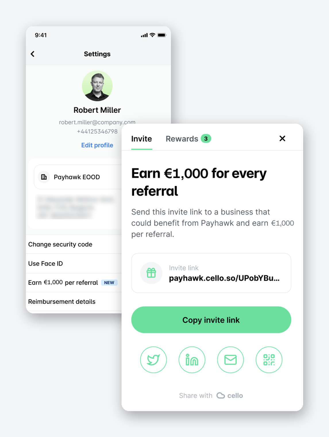 Page des paramètres utilisateur affichant les récompenses de parrainage et le lien d'invitation pour Payhawk.