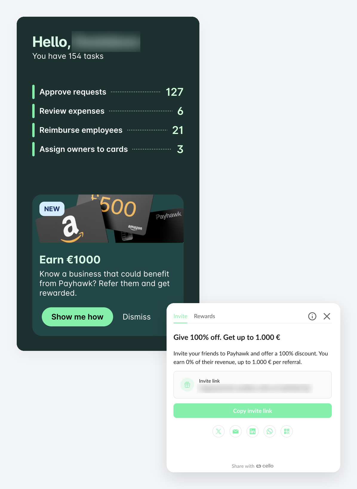 Достъп до Програмата за препоръки в уеб портала на Payhawk — банер „Спечелете 1000 €“ и панелът с връзката за покана