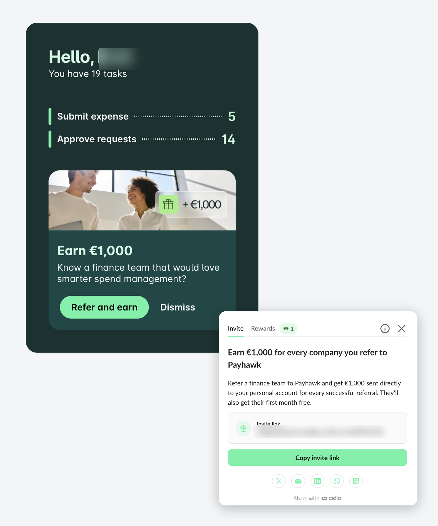 Tableau de bord affichant les tâches, les récompenses et le programme de parrainage pour les utilisateurs Payhawk.