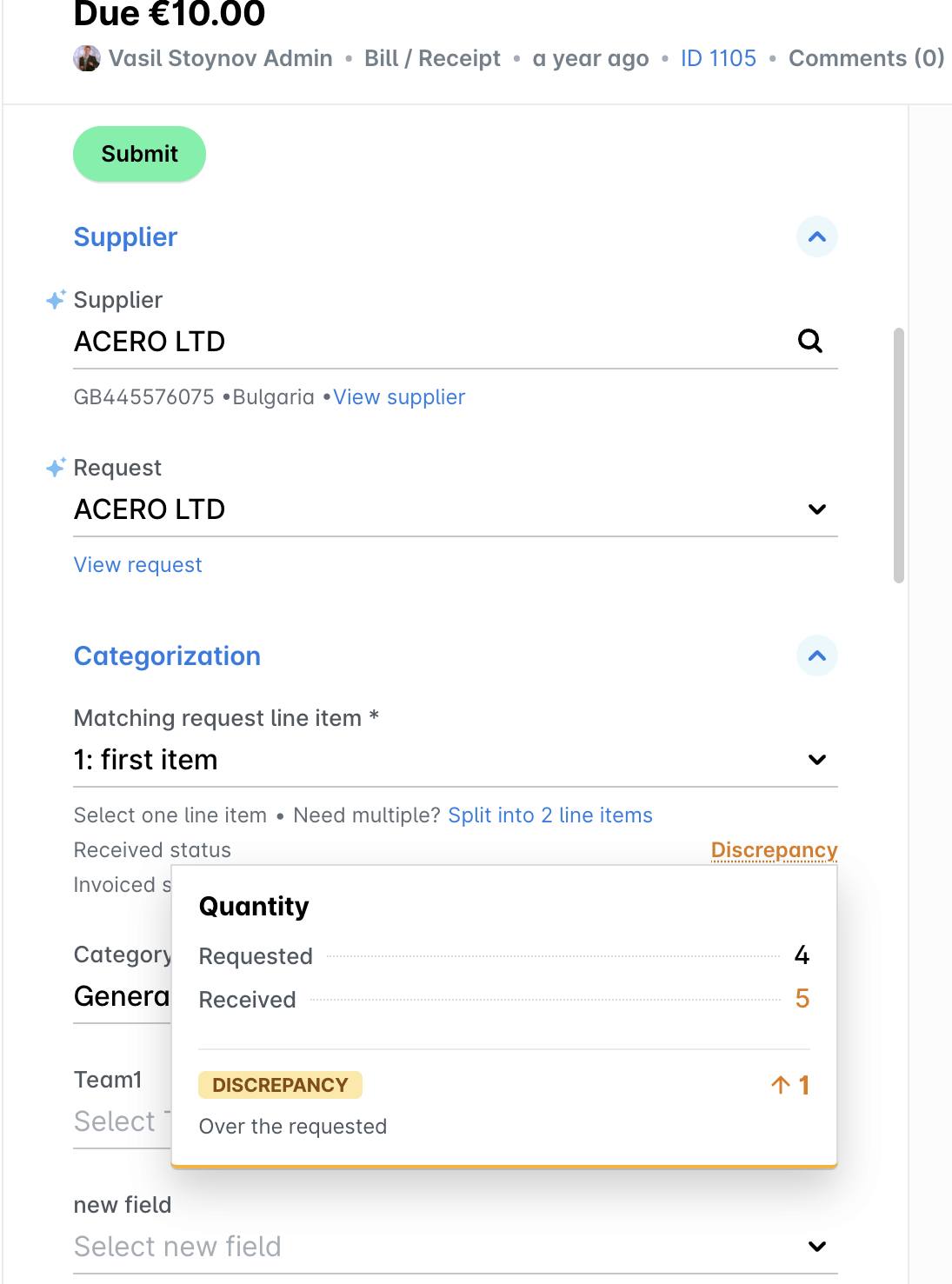 Invoice details showing supplier, request, and quantity discrepancy information.