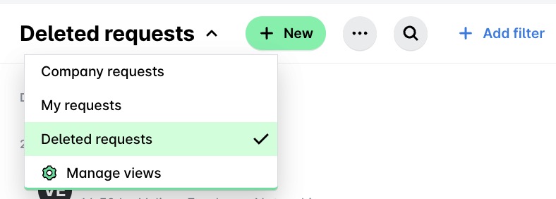 Menú desplegable que muestra opciones, incluido Solicitudes eliminadas, seleccionado para ver.