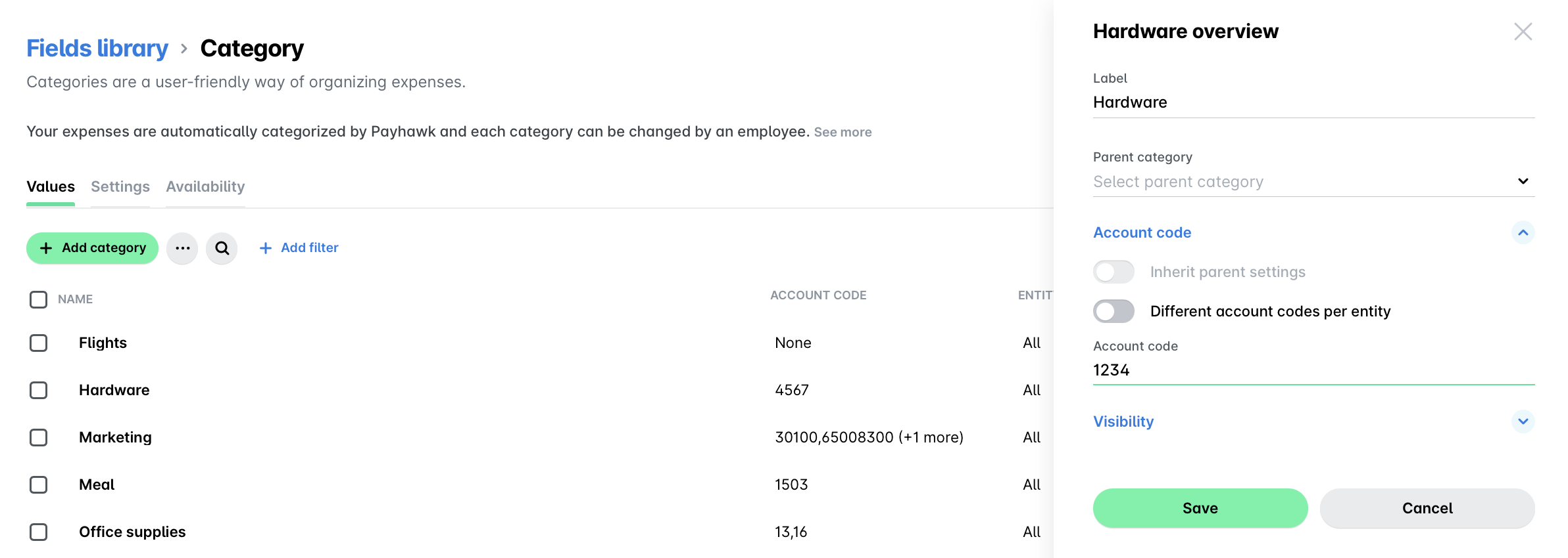 Overview of expense categories including Hardware, Flights, and Marketing options.