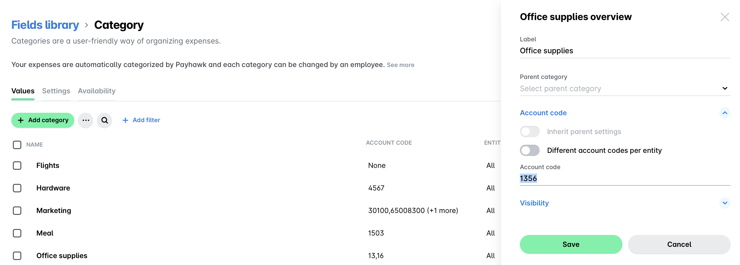 Overview of office supplies category with account code and options for management.