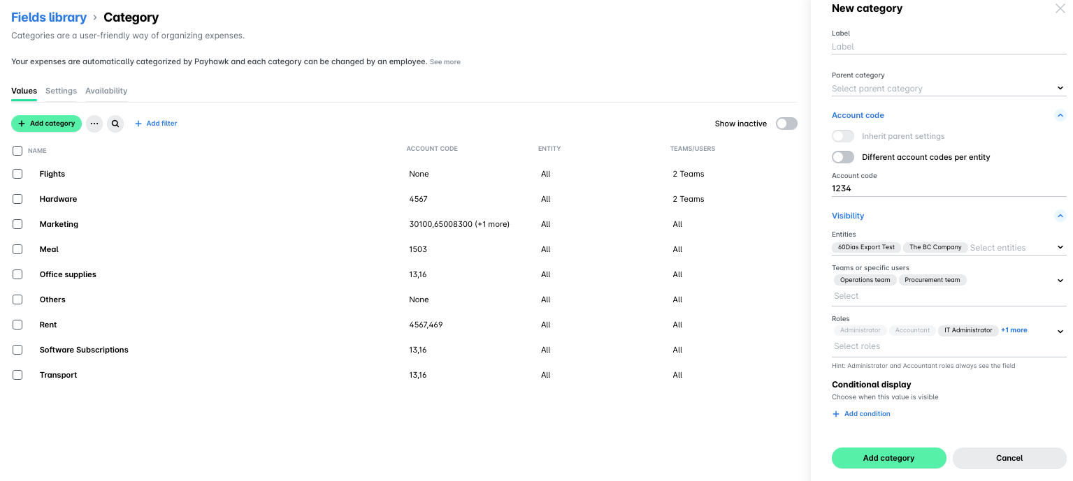 Category management interface displaying various expense categories and account codes.
