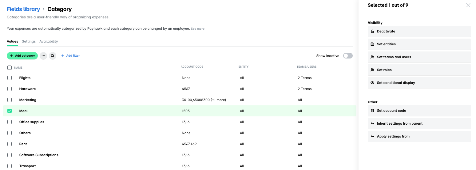 Expense categories including Meals, Flights, and Hardware for organization in Payhawk.