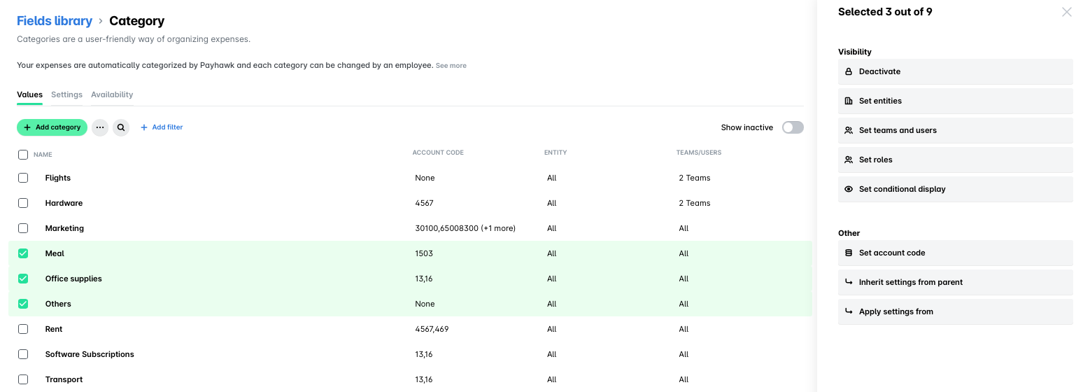 Categories for organizing expenses in Payhawk, with selected options highlighted for clarity.