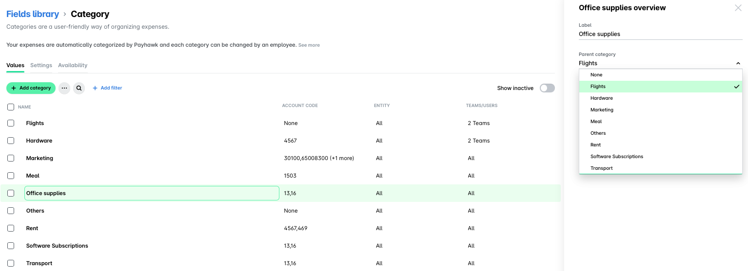 Overview of expense categories including office supplies and their account codes.