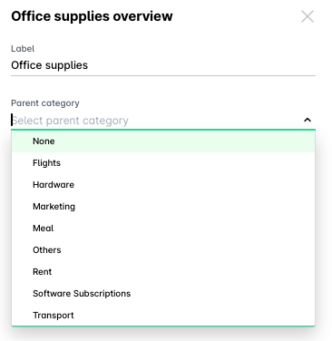 Overview of office supplies with category selection options displayed in a dropdown menu.