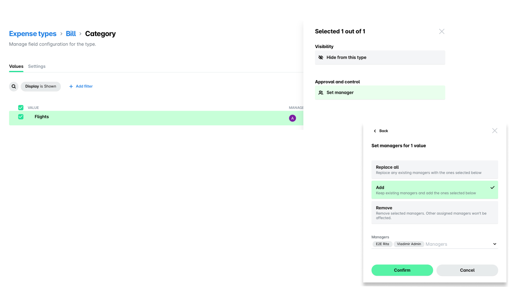 Manage expense types with options for visibility and manager settings for flights category.