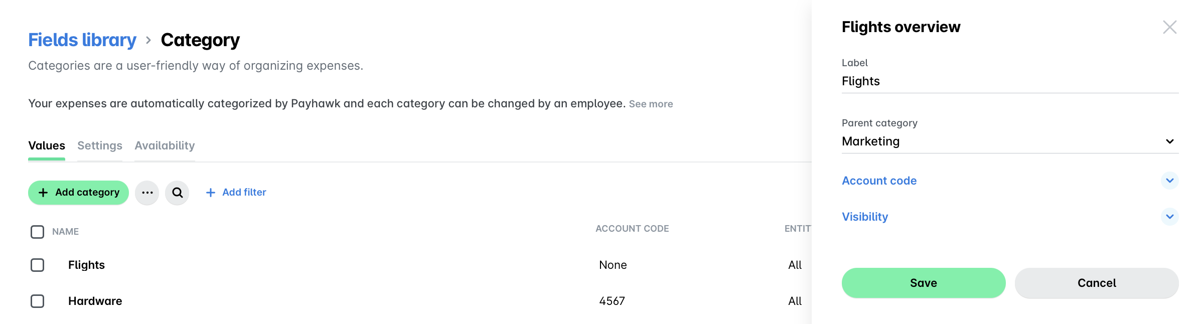 Overview of expense categories with options to add and manage categories.