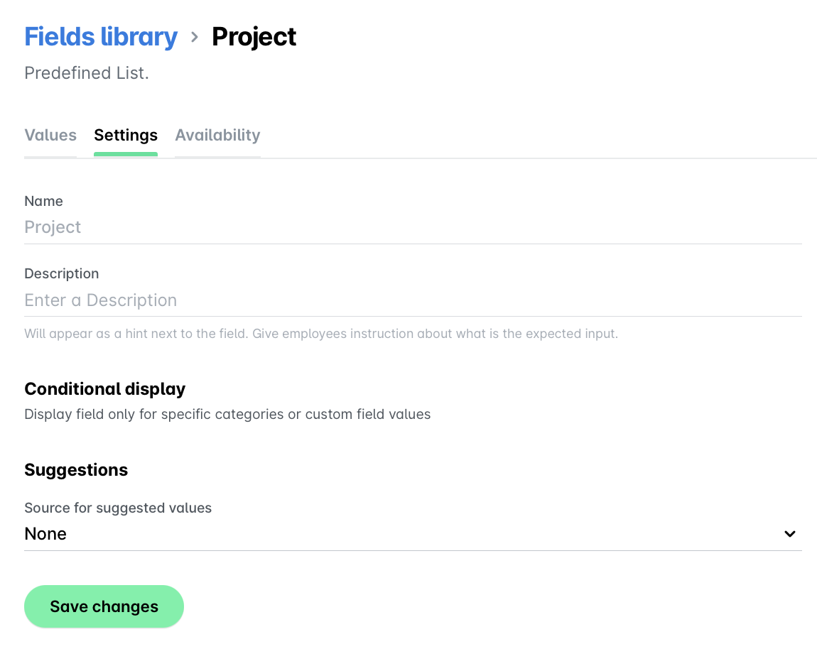 Settings page for project fields with options for name, description, and conditional display.