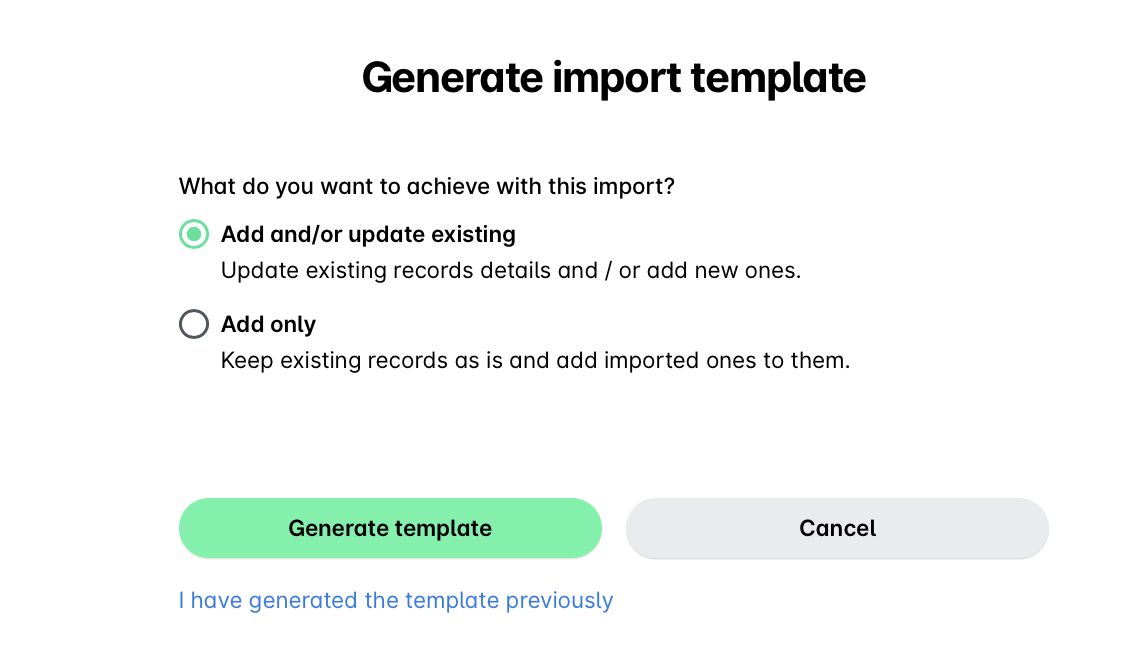 Options for generating an import template with different record update choices.