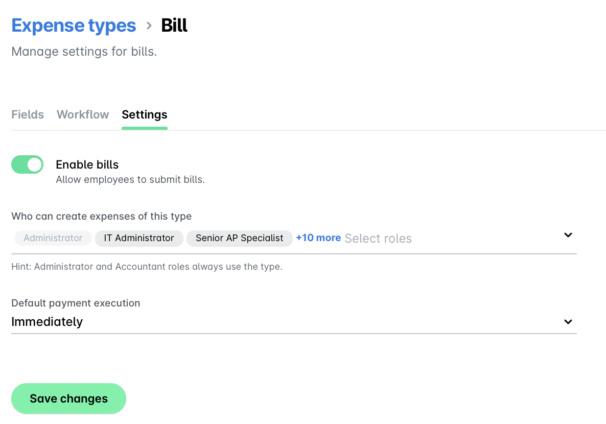 Settings page for managing bill expenses and user roles in an application.