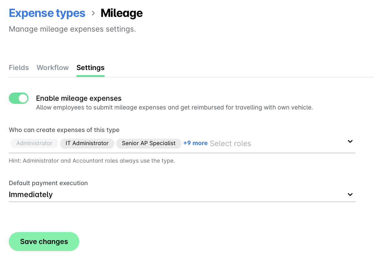Settings page for enabling mileage expenses and selecting user roles for expense creation.