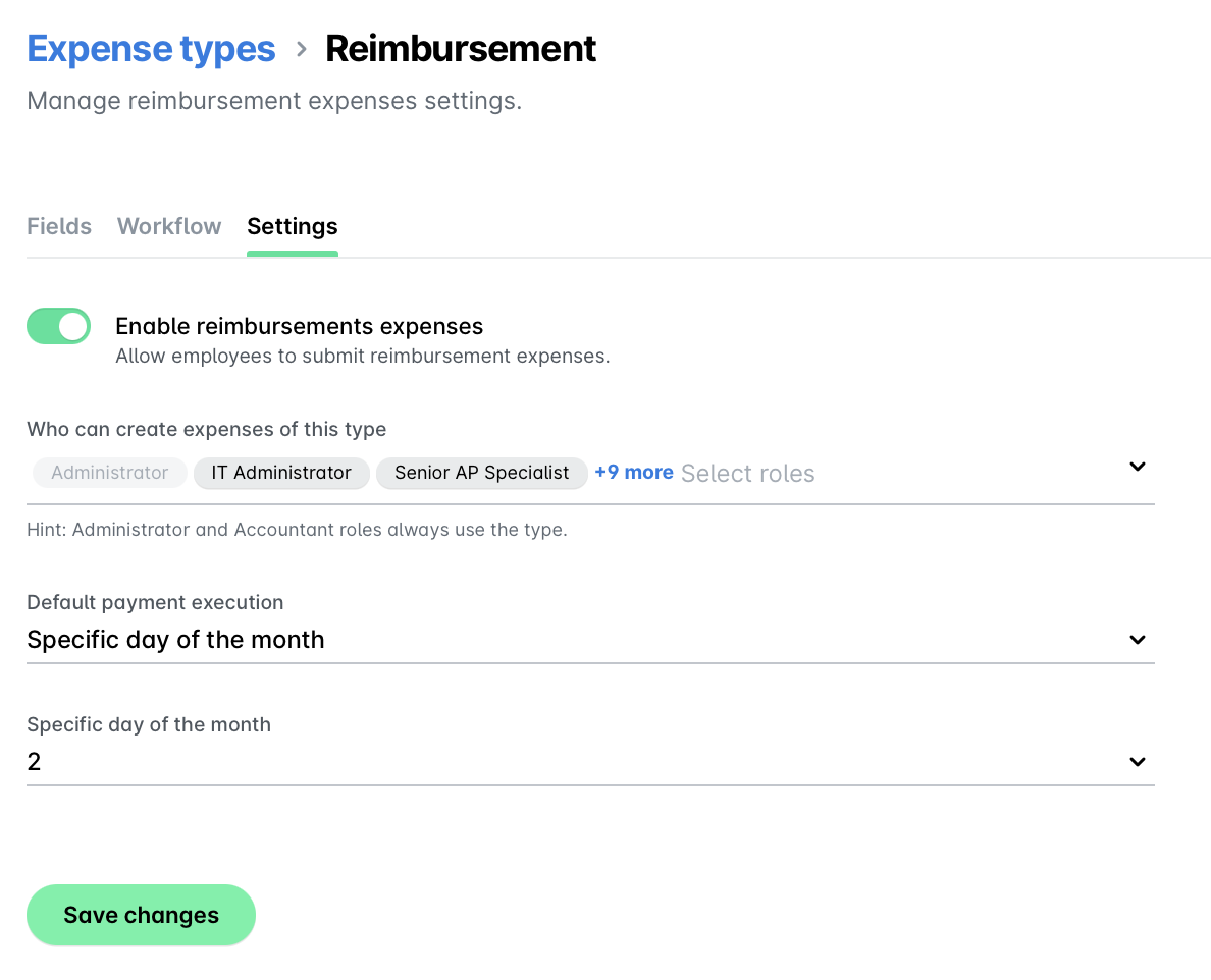 Settings page for reimbursement expenses with role selection and payment execution options.