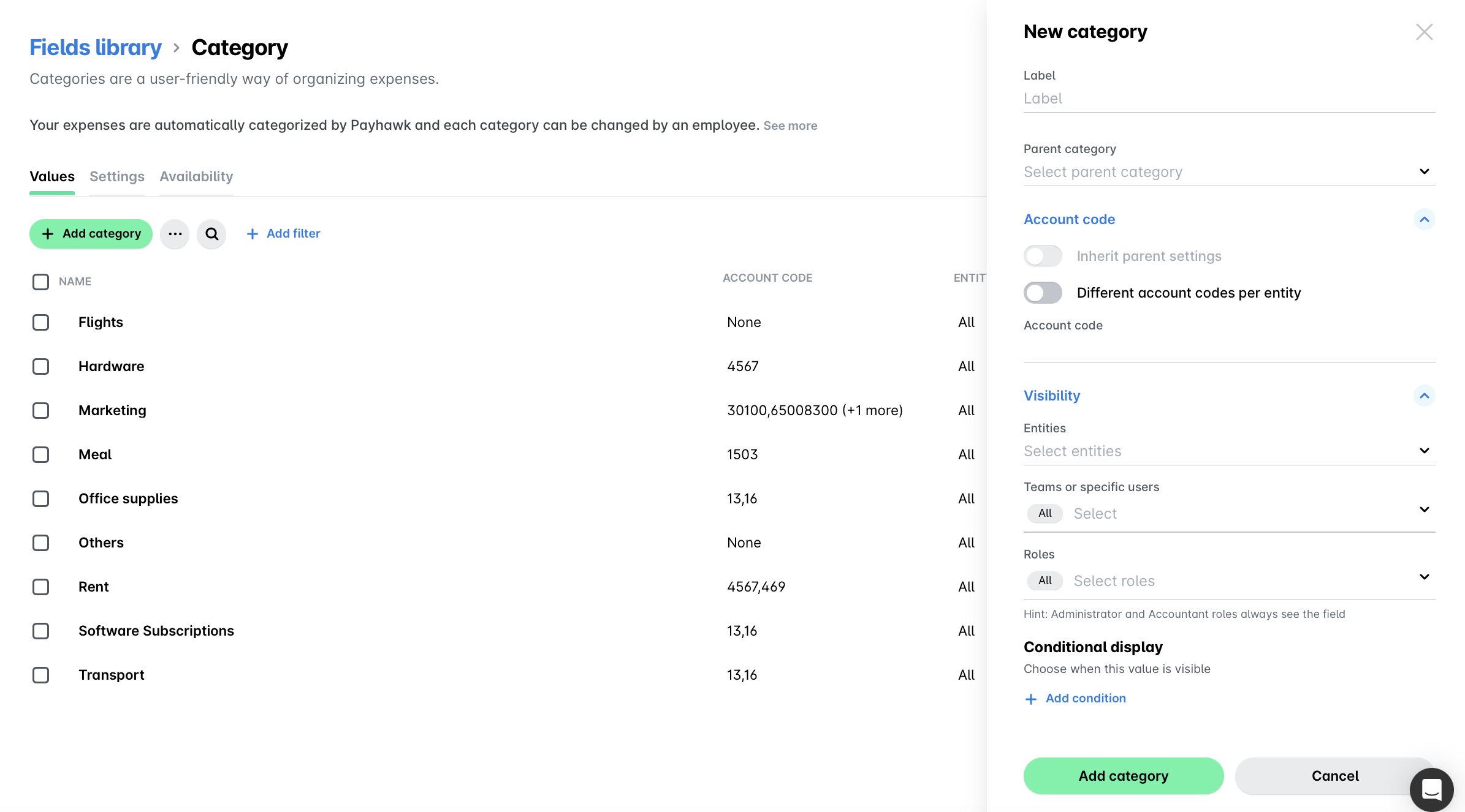 A category management interface displaying various expense categories and their account codes.