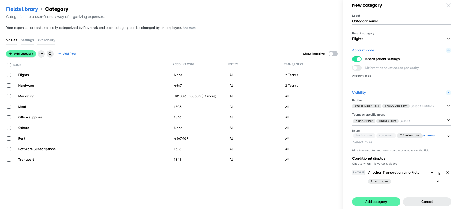 Overview of expense categories with account codes and visibility settings for users.