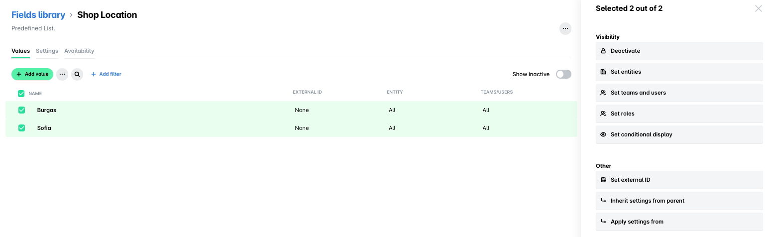 List of shop locations with options to add values and manage visibility settings.
