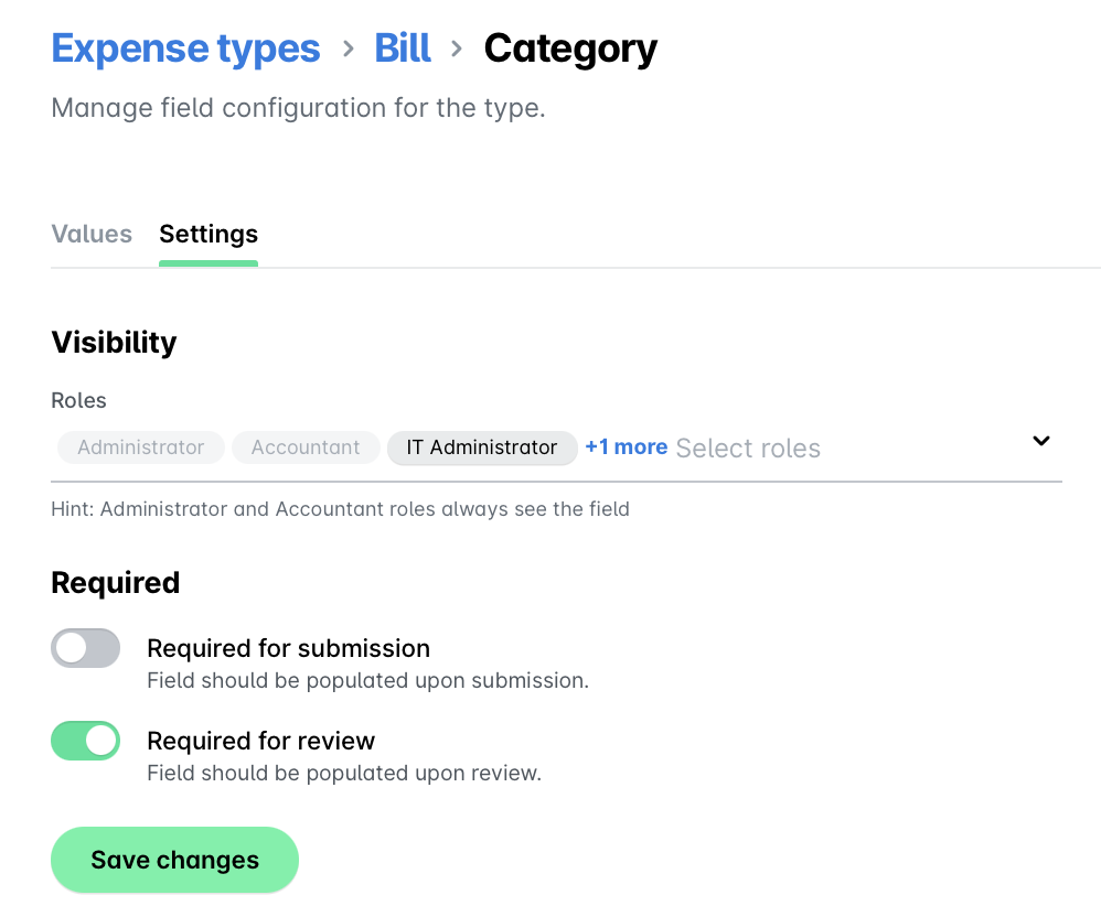 Settings page for expense types, showing visibility and required fields for roles.