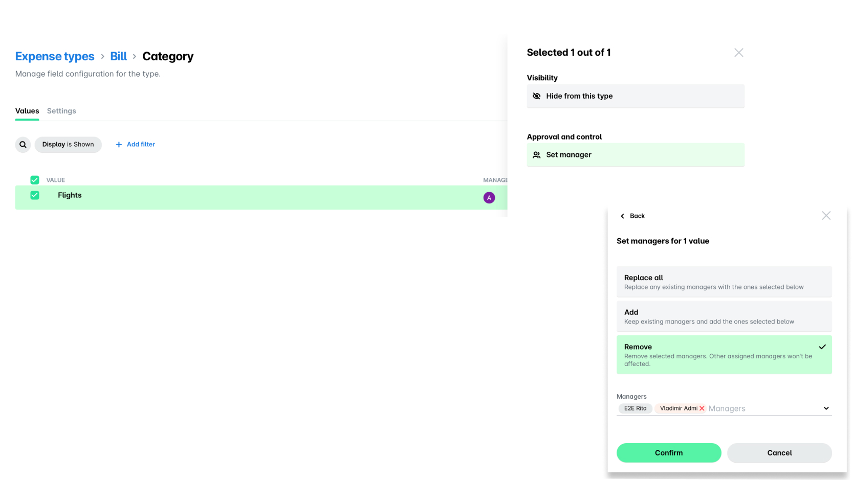 Manage expense types with options for visibility and manager settings for flights category.