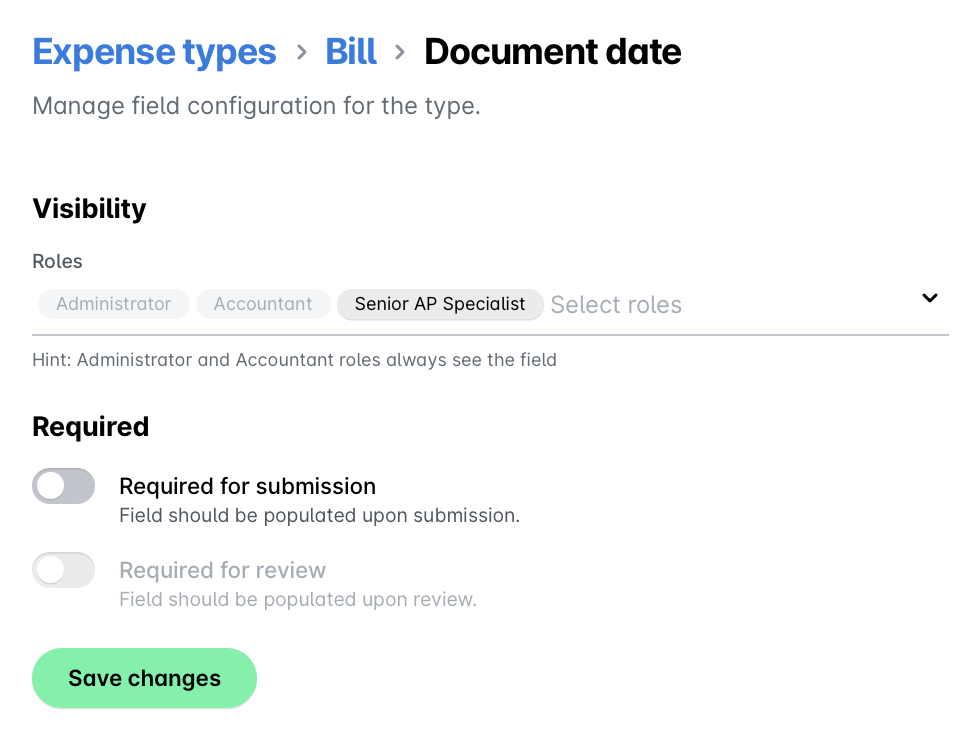 Configuration settings for expense types, highlighting roles and submission requirements.