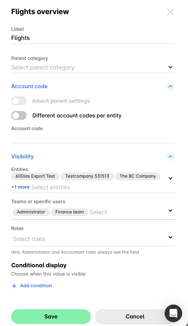 Overview of flight settings including account codes and visibility options for entities.