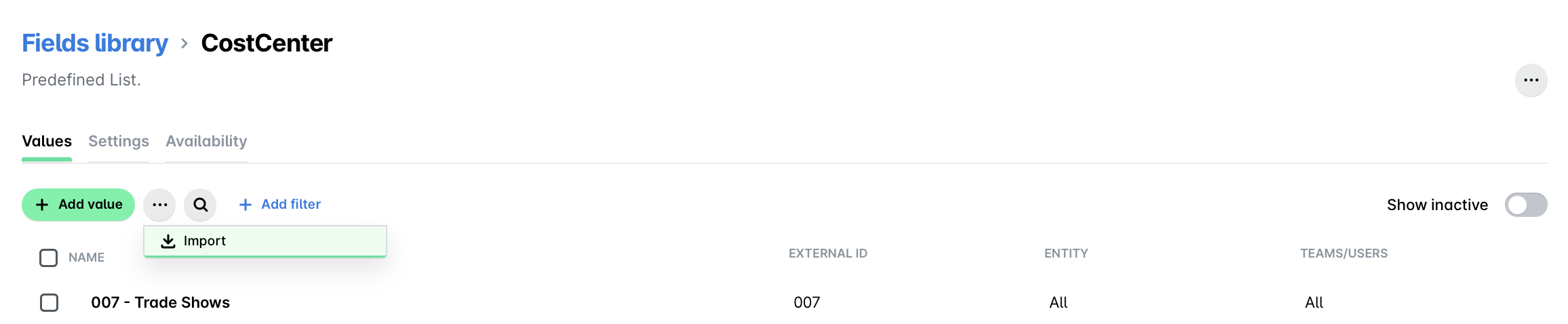 CostCenter values list with options to add value or filter entries.