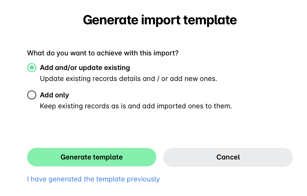 Options for importing data: update existing records or add new ones.
