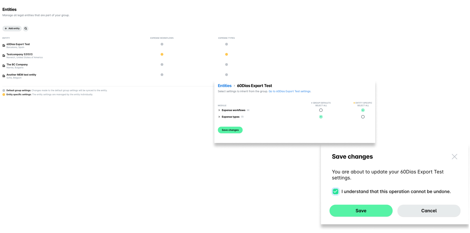 Settings for managing entities, including workflows and expense types, with save confirmation.
