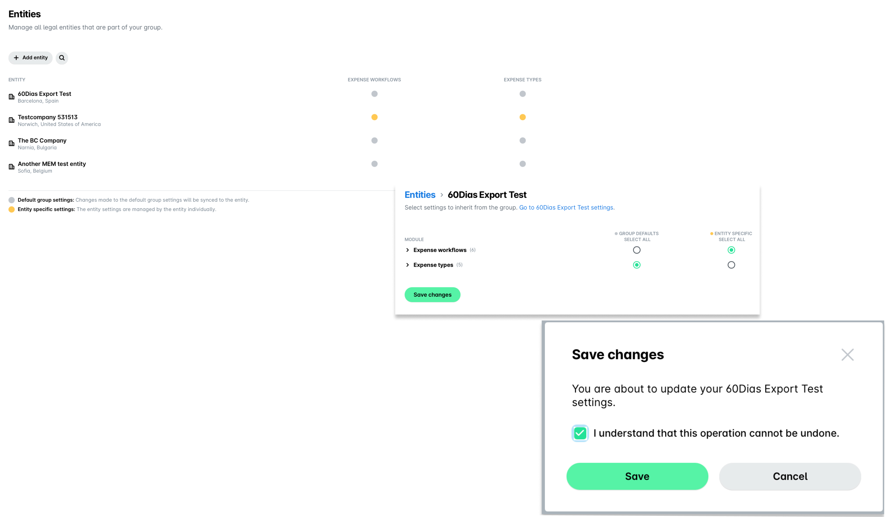 Settings management for entities with options for expense workflows and types.