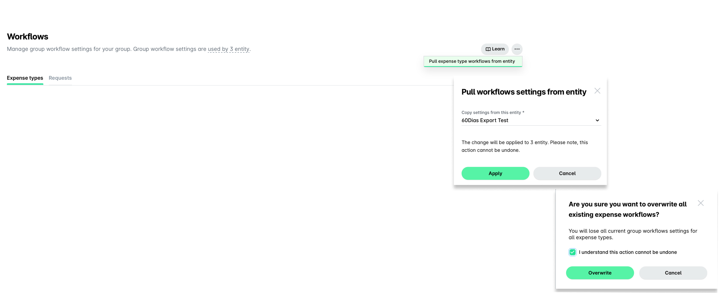 Settings interface for managing group workflows and expense types with confirmation prompts.