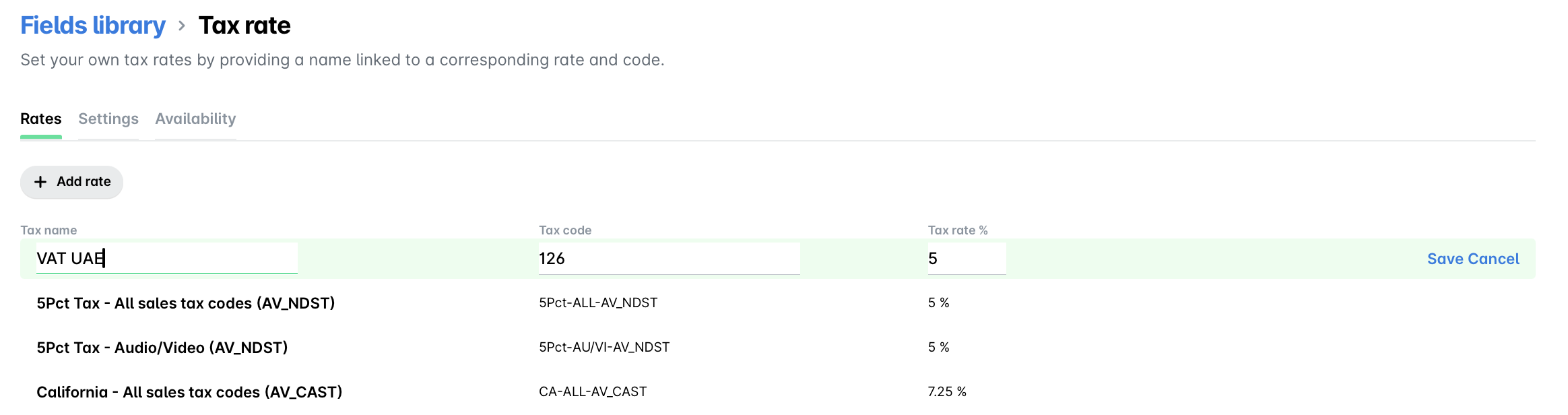 Tax rate settings interface displaying various tax codes and rates for different categories.