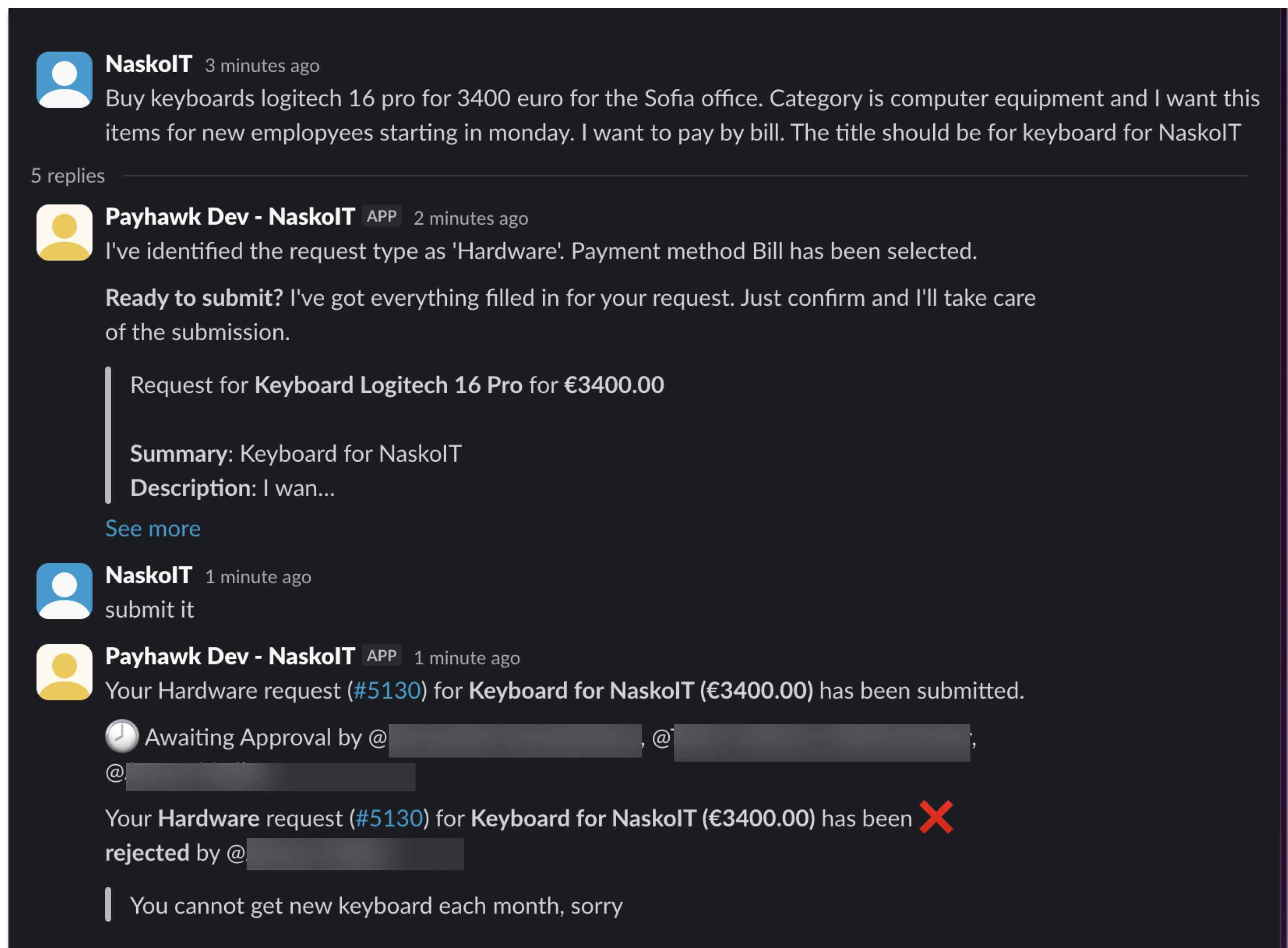 Request for Logitech 16 Pro keyboard submitted for NaskolT, awaiting approval status update.