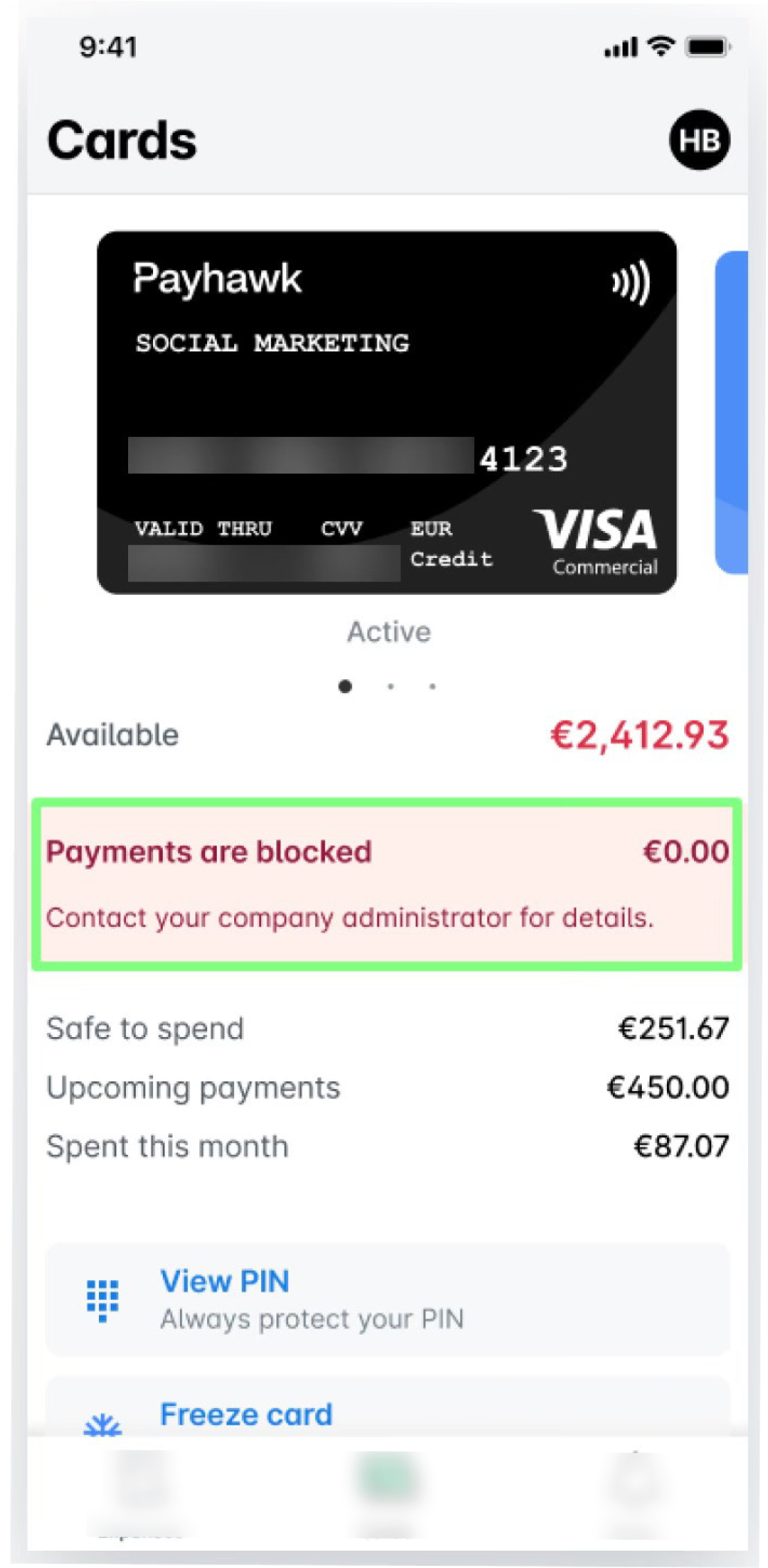 Payhawk card details showing blocked payments and available balance information.