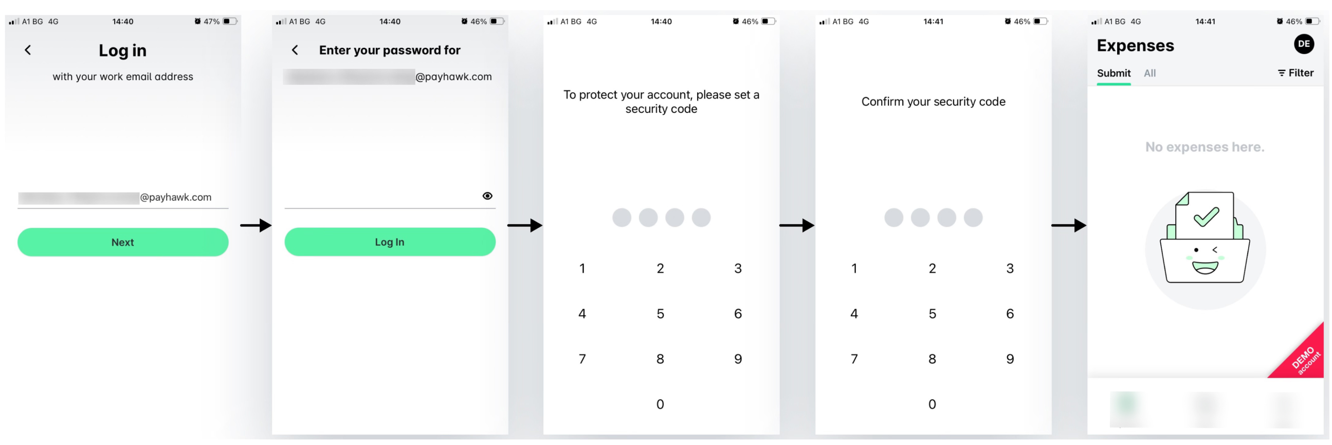 Login process for an app, including email, password, and security code steps.