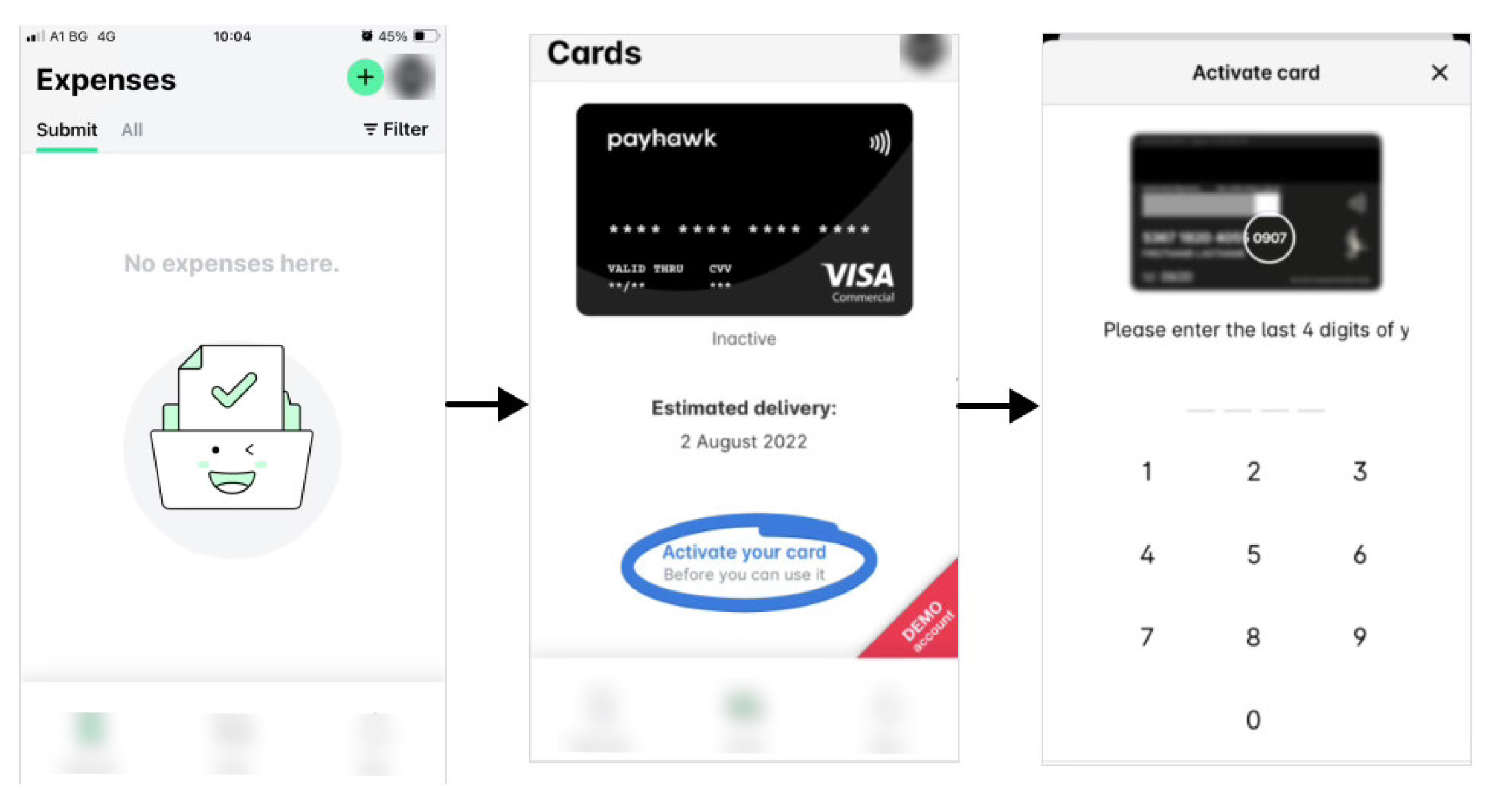 Anweisungen zur Aktivierung einer Karte und Eingabe der letzten vier Ziffern zur Überprüfung.