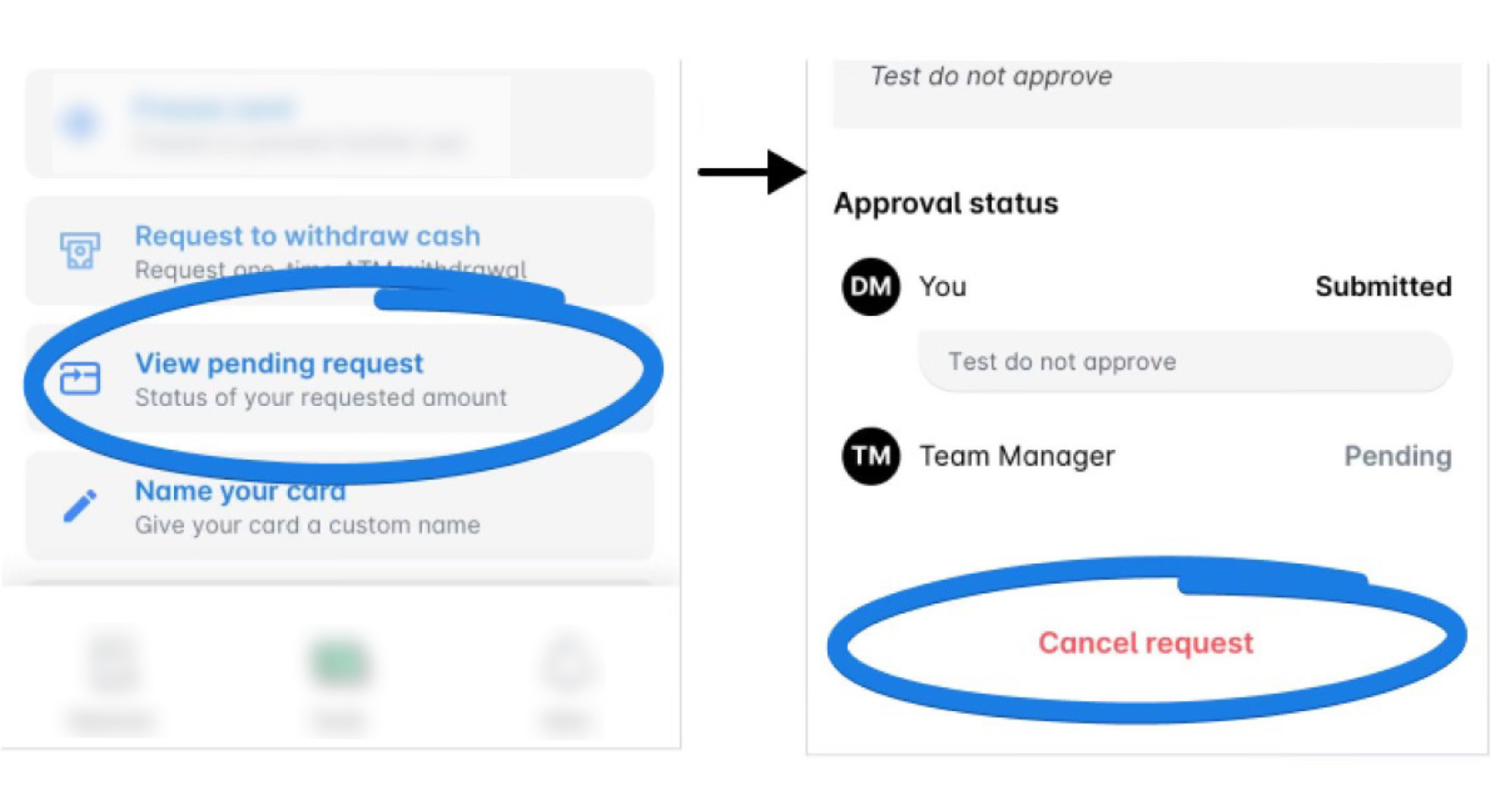 View pending request and cancel request options in the approval status interface.