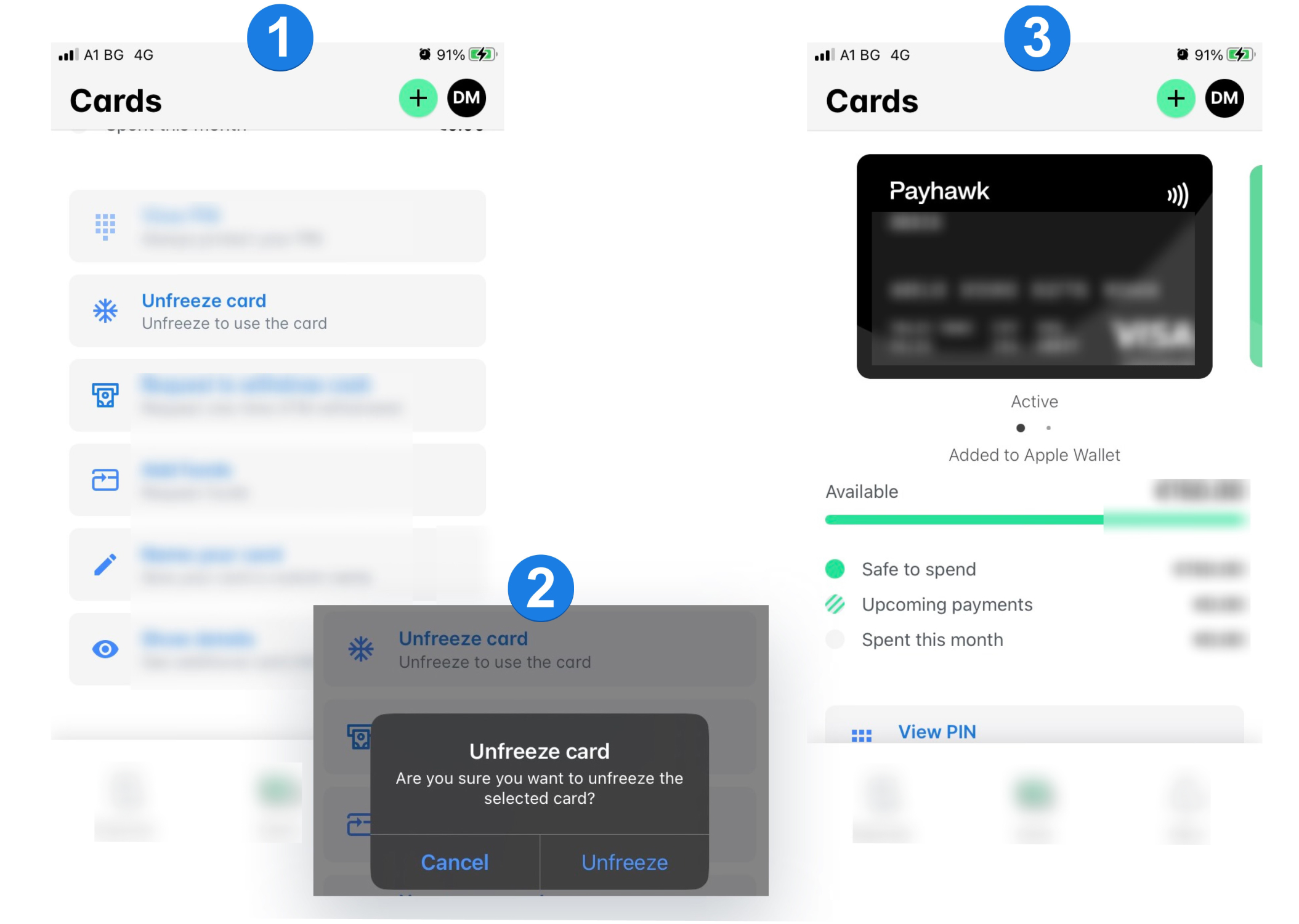Steps to unfreeze a card in a mobile banking app interface.