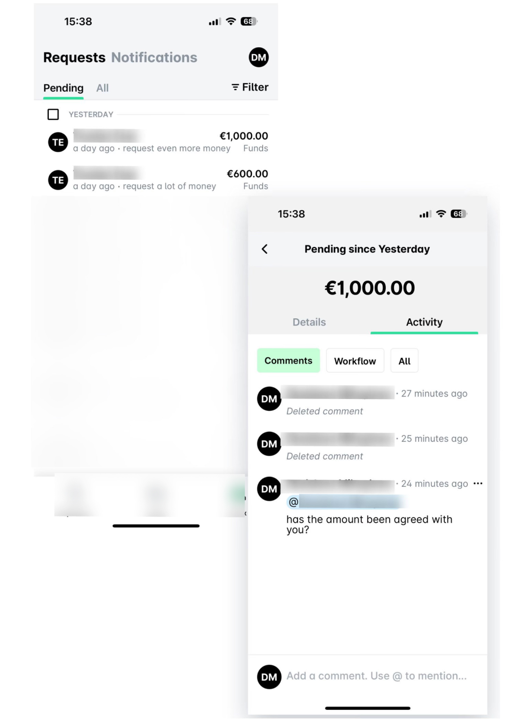 Ausstehende Anfragen für 1.000 € und 600 € mit Kommentaren zum Status der Vereinbarung.