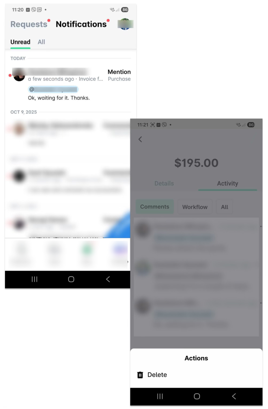 Écran de notification affichant des messages non lus et les détails d'une facture de 195,00 $
