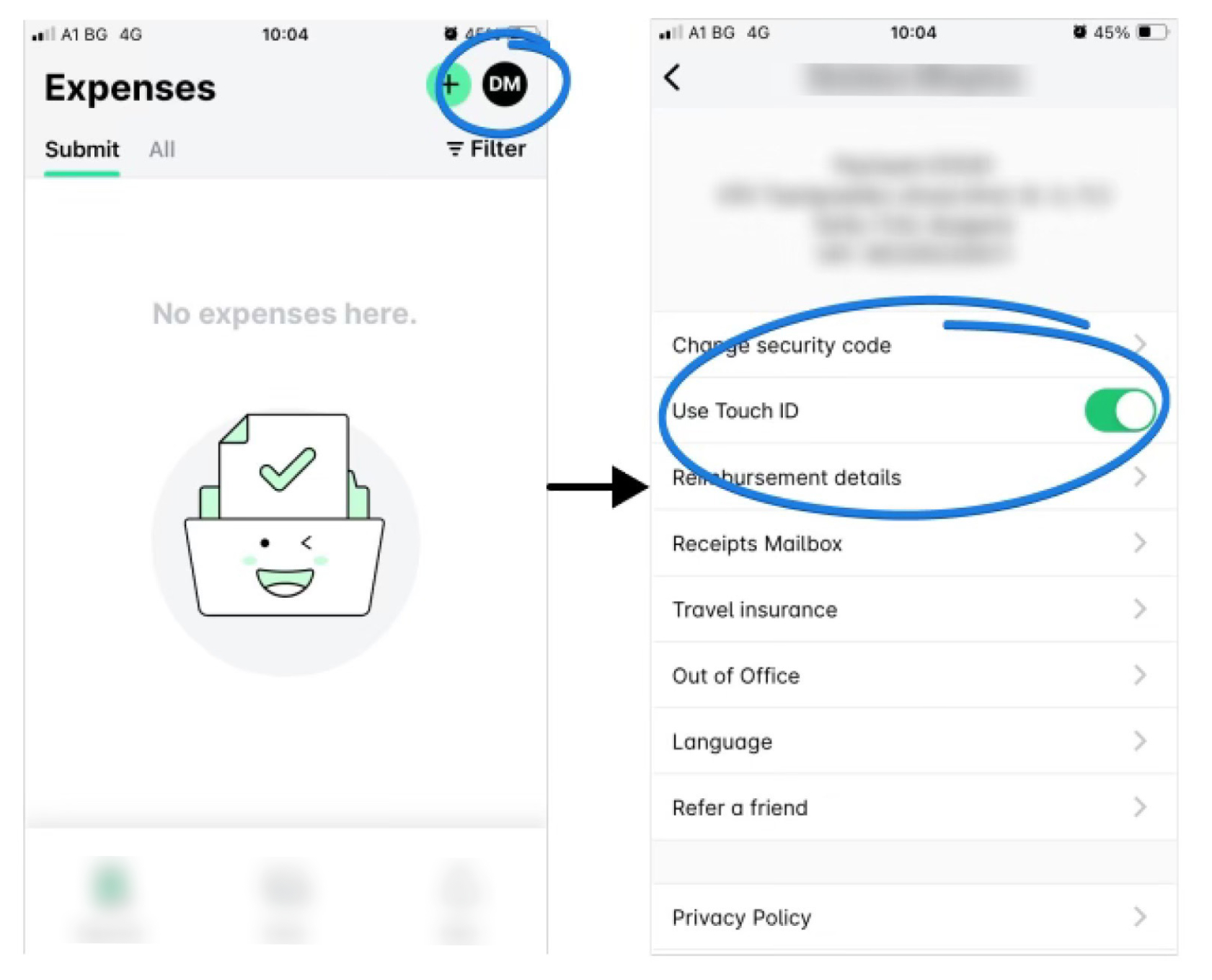 Expense management app showing options for Touch ID and security settings.