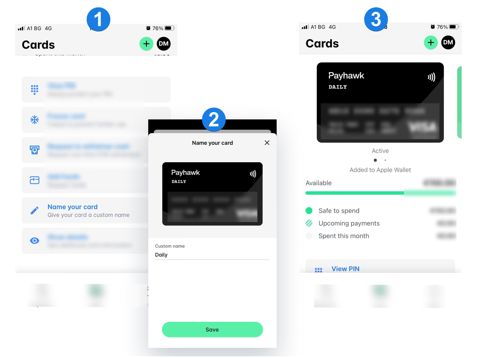 User interface showing card management options and naming a Payhawk card.