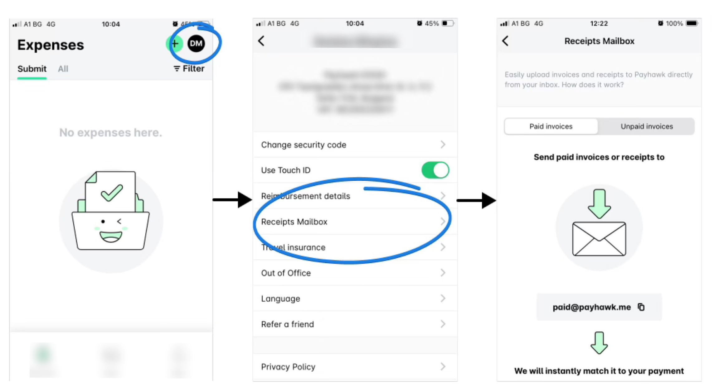 Instructions for uploading receipts to Payhawk's Receipts Mailbox feature.